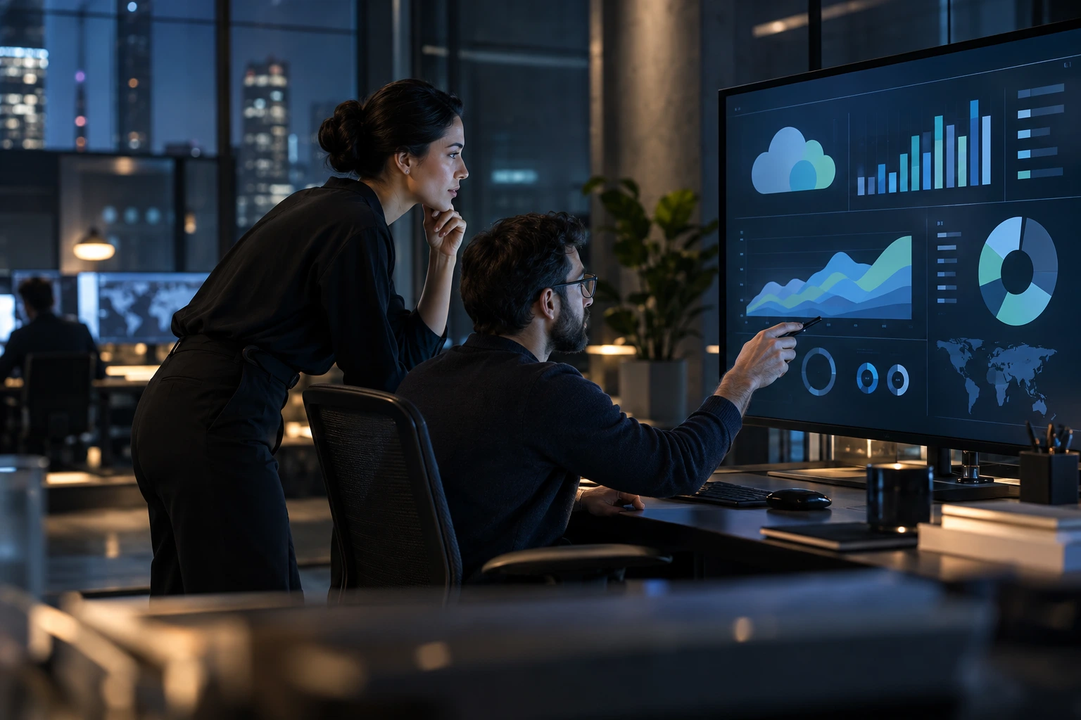 Profissionais colaborando na análise de indicadores cloud